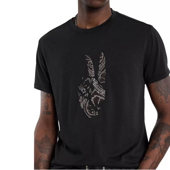 John Varvatos Men's Peace Sign Embroidery Burnout Fabric Crew T-Shirt Black - Picture 3 of 7